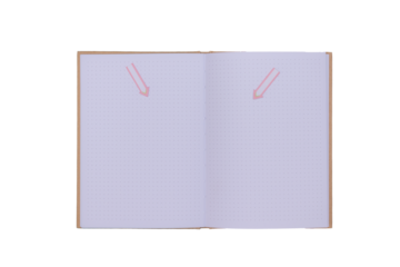 brown notebook, diary or notebook open with two pink and white arrows with transparent background, png with text space