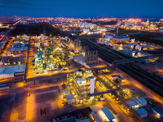 Night panoramic view of large chemical plant at Tarragona, Spain