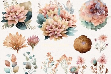 Obraz na płótnie Canvas Watercolor Soft Flowers Clipart Set Graphic. Isolated on white background.