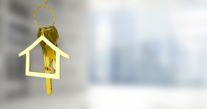 Image of keys with house keychain over blurred background