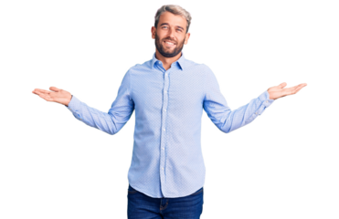 Young handsome blond man wearing elegant shirt smiling showing both hands open palms, presenting and advertising comparison and balance
