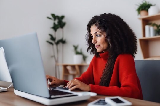 Candid Portrait Of A Middle-aged Woman Using A Computer To Attend A Webinar Course E-learning Session From A Home Office, Distance Learning, Generative Ai