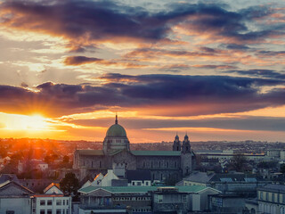 Stunning sunset over Galway Cathedral. Popular city landmark and Catholic church.