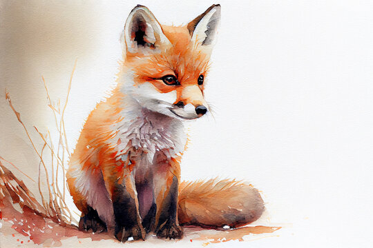 Little cute fox cub. Watercolor realistic illustration on a white background. Generative AI.