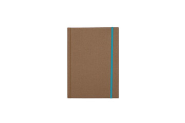 brown journal or notebook with blue elastic with transparent background, png with text space