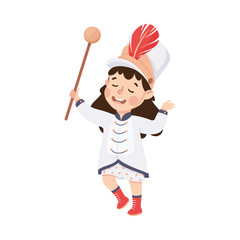 Naklejka premium Cute girl drum major. Happy kid in white traditional costume marching band parade with rod cartoon vector illustration