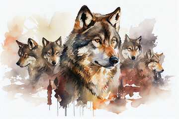 Portrait of a gray wolf leader with his pack. Watercolor realistic illustration on a white background. Generative AI.