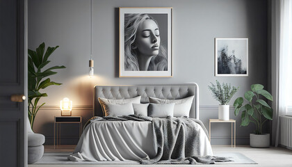 Grey classic bedroom interior with bed, blanket, pillows and painting on grey wall. Copy space. Generative AI