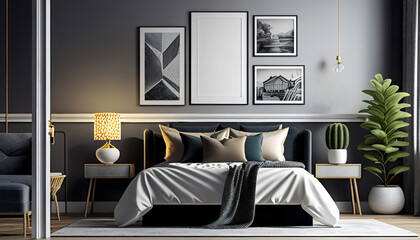 Elegant bedroom interior with bed, pillows, blanket, lamp, frames with painting on the wall. Gallery. Template. Generative AI