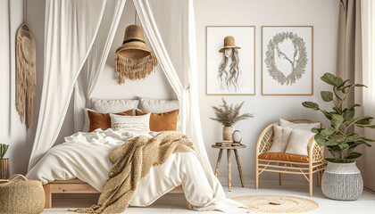 Boho bedroom interior in white, beige and yellow colors. Bed, pillows, paintings in frame and armchair. Bed canopy Generative AI