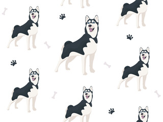 Seamless pattern with vector black and white dog Siberian Husky standing and smiling, tongue hanging out. Cute cartoon pet. Domestic animal © annagraphics19