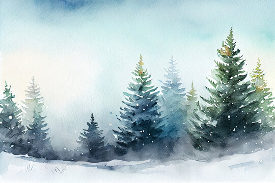 Watercolor winter pine tree forest.generative ai