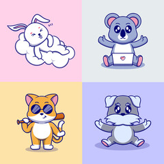 Different types of vector cartoon animals for stickers. Vector illustration of funny cartoons of different animals breeds in trendy flat style.