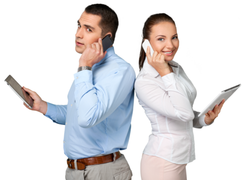 Young business couple using smart phone isolated on white background - Powered by Adobe