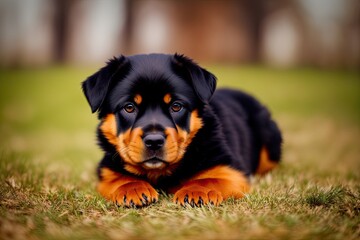 Obraz premium Rottweiler puppy posing with nature background, generative ai color grading. Cute Rottweiler Dog watching to camera