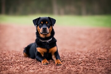 Rottweiler puppy posing with nature background, generative ai color grading. Cute Rottweiler Dog watching to camera