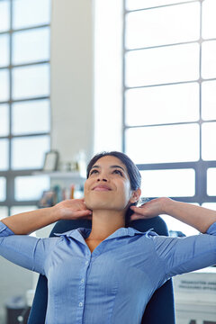 Business Woman, Stretching And Thinking In Office To Relax In Chair From Easy Project Deadline, Achievement And Smile. Hands Behind Head, Happy Worker And Finish Job Goals, Happiness And Motivation