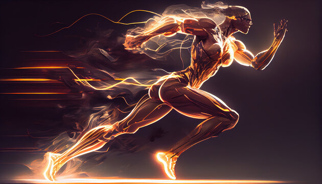 Street powerful male runner in fire, city fitness concept