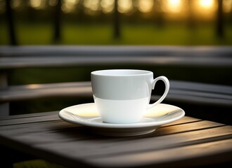 Obraz premium Coffee mug on a picnic table, isolated in a blurred nature background, generative Ai