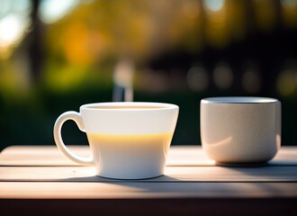 Fototapeta premium Coffee mug on a picnic table, isolated in a blurred nature background, generative Ai