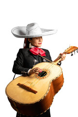 female mexican mariachi woman playing big guitar, mariachi girl suit on a pure white background....