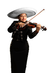 female mexican mariachi woman playing violin traditional mariachi girl suit on a pure white...