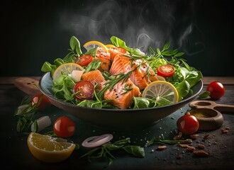 Smoked salmon salad with arugula, cherry tomatoes and croutons IA