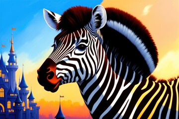 Modern colored zebra digital drawing. Colorful magic zebra horse, cartoon style painting. Generative ai art illustration