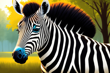Modern colored zebra digital drawing. Colorful magic zebra horse, cartoon style painting. Generative ai art illustration