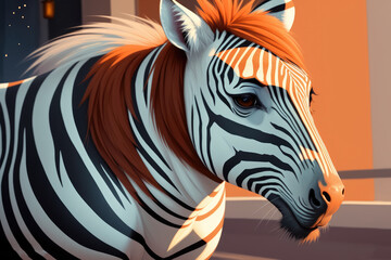 Modern colored zebra digital drawing. Colorful magic zebra horse, cartoon style painting. Generative ai art illustration