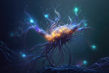 Obraz premium Imaginary astrocyte, glial cell or large centient neuron, close-up 3D view, AI generative