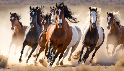 A herd of wild horses galloping across a wide open plain, their manes and tails streaming behind them, illustration - Generative AI