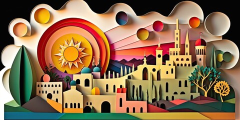 Spain travel, paper art collage, vibrant layered colored paper, panoramic banner background, AI generative