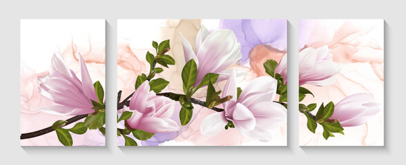 Set of modern creative illustrations with twig-blooming Magnolia flowers. Modern creative design alcohol ink texture for home decor, banners, and prints. Vector illustration.