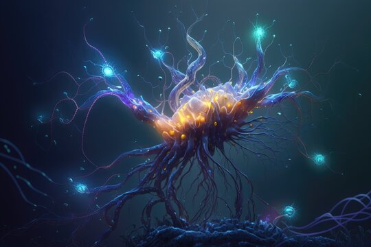Imaginary astrocyte, glial cell or large centient neuron, close-up 3D view, AI generative