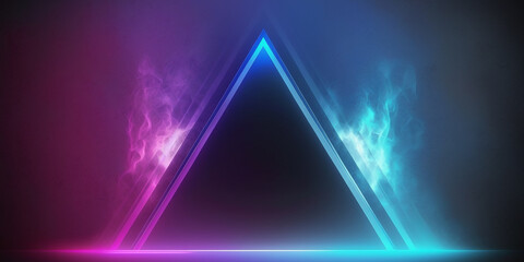 Abstract background banner or header with blue and pink neon triangle, graphic resource with empty space for copy text.