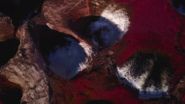 Aerial overhead shot of moving water over colorful river in the interior of the Colombian jungle of the Serrania de la Macarena