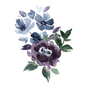 A loose and flowing watercolor bouquet in muted shades of purple
