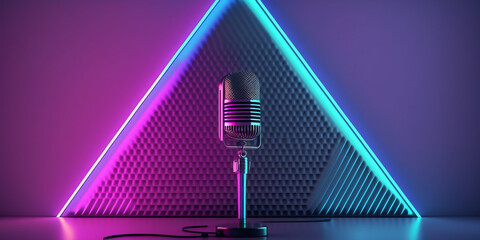 Abstract blue pink neon banner with retro microphone. 
3d background  or wallpaper design for header, website or streamer on twitch or youtube.