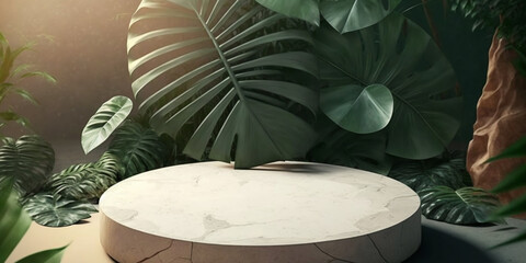 Realistic 3D render background for products overlay. Close up of round empty rock table with sunlight with tropical leaves plants. For product display or mock up advertisement and marketing.