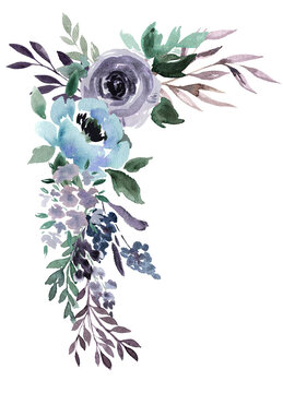 A beautiful corner watercolor bouquet in a mix of pale and deep purples