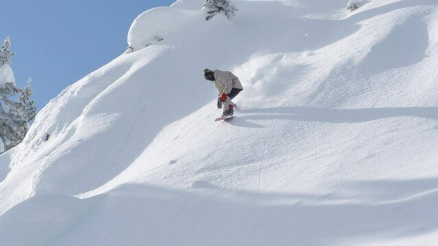 Backcountry Snowboarder Catching Air on Pristine Snow Pillows