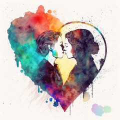 AI Generative watercolor illustration of two gay women kissing, a couple in love