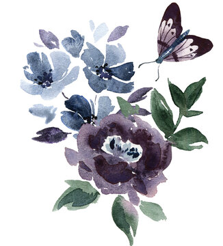 A cheerful and bright watercolor bouquet in shades of purple, blue and green