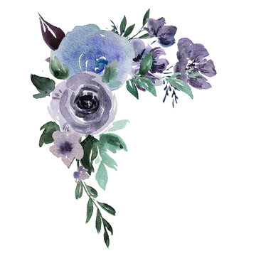 A serene and calming watercolor bouquet in shades of lavender, blue and green