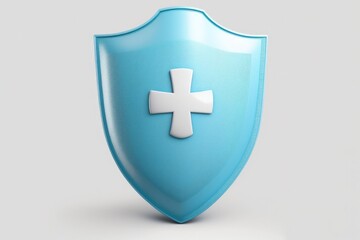 Obraz premium Illustration of blue shield with plus sign, health concept, white background. Generative AI