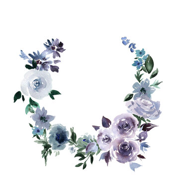 A vibrant and lively watercolor wreath in shades of purple and blue