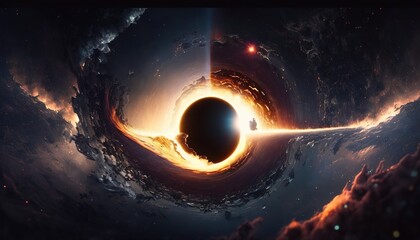 super realistic black hole illustration, destroyed planet in universe, explosion background wallpaper created with generative ai technology