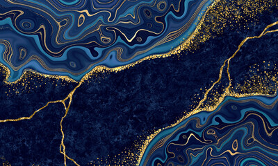 abstract blue gold background, artificial texture of marble and agate, creative japanese kintsugi...