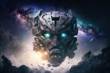 Obraz na płótnie Canvas Giant robot head destroyed in the surface of an unknown planet. Generative AI